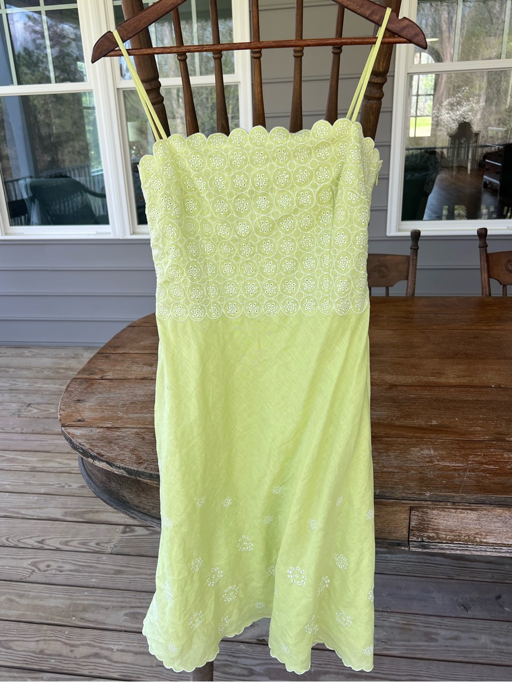Ann Taylor Chartreuse 100% Linen Eyelet Cottagecore Dress Sundress Size 10